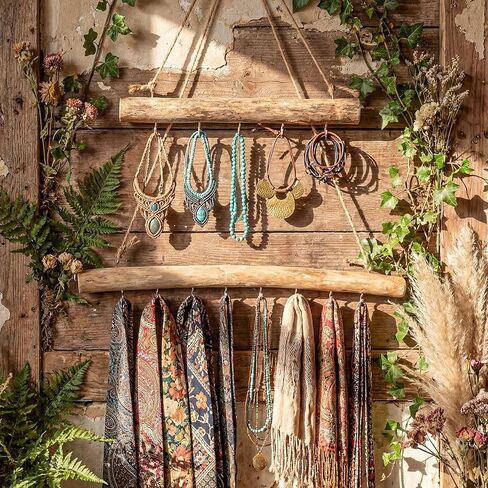 Yinkin 2 قطعة شماعة مجوهرات من الخشب الطبيعي Driftwood للحرف اليدوية مع خطافات 15.75 بوصة 9.84 بوصة رف مجوهرات جداري بوهو للجدران المنزلية نافذة عرض المتجر in Saudi Arabia