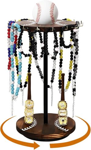360° Rotating Wooden Baseball Ring Display Holder with Baseball Necklace Holder,Large Championship Baseball Jewelry Display Stand for Championship Rings, Softball Gifts & Necklace Organizer in Saudi Arabia