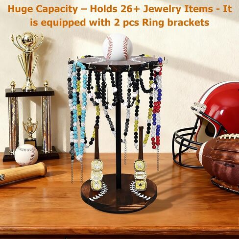 360° Rotating Wooden Baseball Ring Display Holder with Baseball Necklace Holder,Large Championship Baseball Jewelry Display Stand for Championship Rings, Softball Gifts & Necklace Organizer in Saudi Arabia