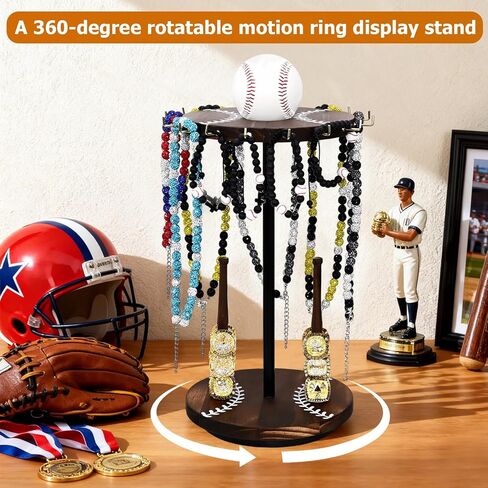 360° Rotating Wooden Baseball Ring Display Holder with Baseball Necklace Holder,Large Championship Baseball Jewelry Display Stand for Championship Rings, Softball Gifts & Necklace Organizer in Saudi Arabia