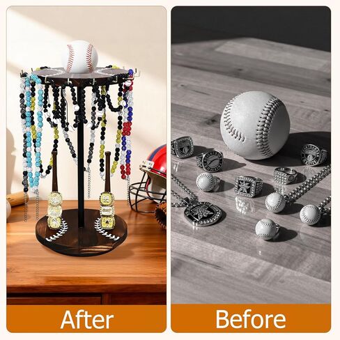 360° Rotating Wooden Baseball Ring Display Holder with Baseball Necklace Holder,Large Championship Baseball Jewelry Display Stand for Championship Rings, Softball Gifts & Necklace Organizer in Saudi Arabia