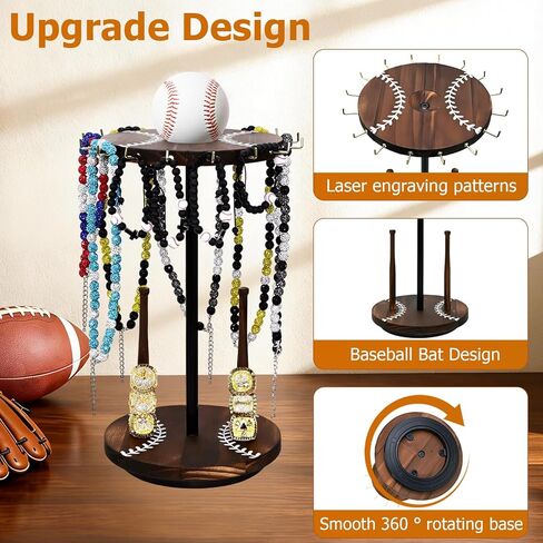 360° Rotating Wooden Baseball Ring Display Holder with Baseball Necklace Holder,Large Championship Baseball Jewelry Display Stand for Championship Rings, Softball Gifts & Necklace Organizer in Saudi Arabia