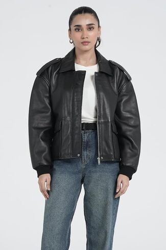 STREGA Women’s Oversized Cropped Lambskin Leather Jacket in Saudi Arabia