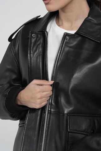 STREGA Women’s Oversized Cropped Lambskin Leather Jacket in Saudi Arabia