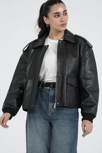 STREGA Women’s Oversized Cropped Lambskin Leather Jacket in Saudi Arabia