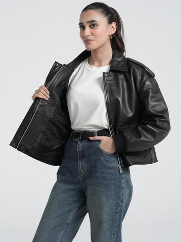 STREGA Women’s Oversized Cropped Lambskin Leather Jacket in Saudi Arabia