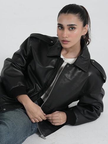 STREGA Women’s Oversized Cropped Lambskin Leather Jacket in Saudi Arabia