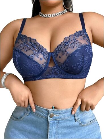 OYOANGLE Women's Plus Size Mesh Lace Bra Underwire Supportive Non Padded Push up Bralette in Saudi Arabia