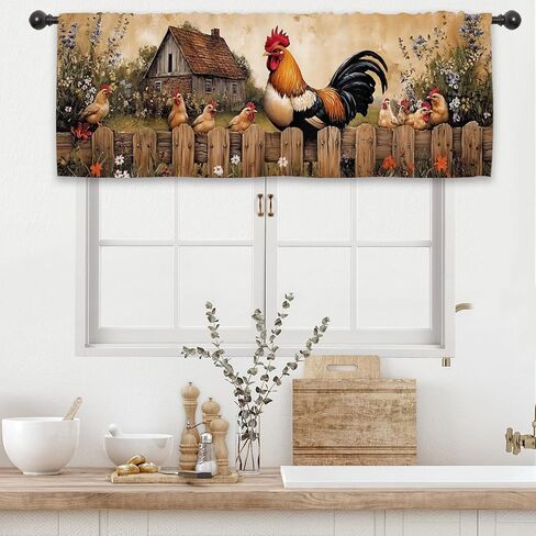 ريفي مزرعة الديك ستارة المطبخ الستارة 54W × 18L بوصة الرجعية الدجاج خمر مزرعة ريفية البلد قضيب جيب قصير مقهى نافذة صغيرة معالجة الستائر الديكور in Kuwait