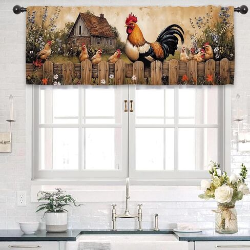 ريفي مزرعة الديك ستارة المطبخ الستارة 54W × 18L بوصة الرجعية الدجاج خمر مزرعة ريفية البلد قضيب جيب قصير مقهى نافذة صغيرة معالجة الستائر الديكور in Kuwait