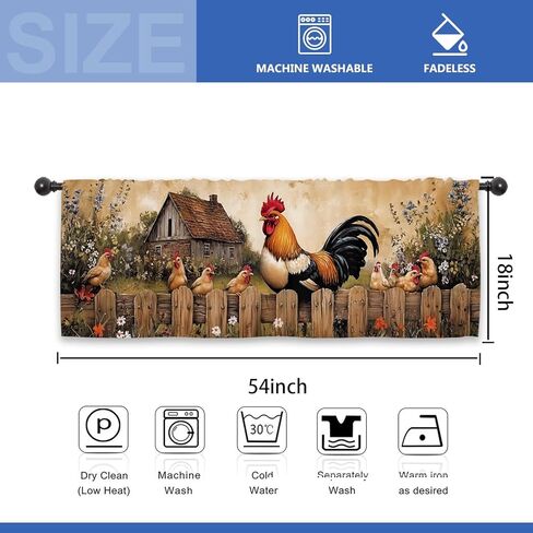 ريفي مزرعة الديك ستارة المطبخ الستارة 54W × 18L بوصة الرجعية الدجاج خمر مزرعة ريفية البلد قضيب جيب قصير مقهى نافذة صغيرة معالجة الستائر الديكور in Kuwait
