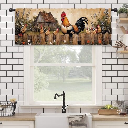 ريفي مزرعة الديك ستارة المطبخ الستارة 54W × 18L بوصة الرجعية الدجاج خمر مزرعة ريفية البلد قضيب جيب قصير مقهى نافذة صغيرة معالجة الستائر الديكور in Kuwait
