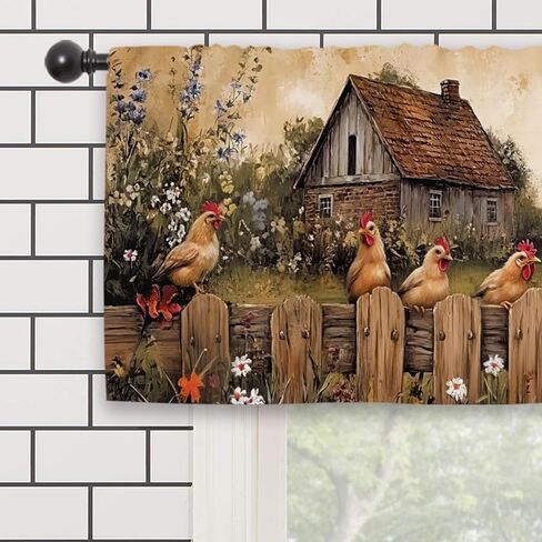 ريفي مزرعة الديك ستارة المطبخ الستارة 54W × 18L بوصة الرجعية الدجاج خمر مزرعة ريفية البلد قضيب جيب قصير مقهى نافذة صغيرة معالجة الستائر الديكور in Kuwait