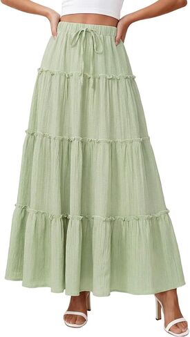 DERAX Womens Boho Maxi Skirt Flowy Ruffle Tiered Elastic High Waisted A Line 2026 Spring Summer Beach Vacation Long Skirts in Kuwait