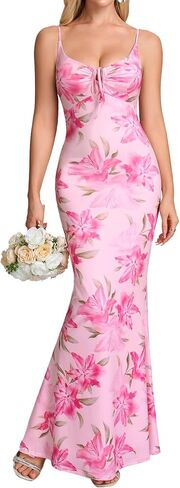 HTZMO Women Floral Summer Wedding Guest Long Dress Bodycon Lace Up Beach Vacation Party Elegant Maxi Dresses in Kuwait