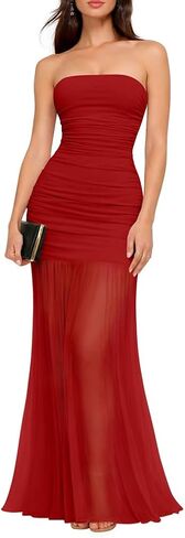 LAGSHIAN Women's Elegant Wedding Guest Maxi Dress Sleeveless Tube Ruched Mesh Evening Long Dresses in Kuwait