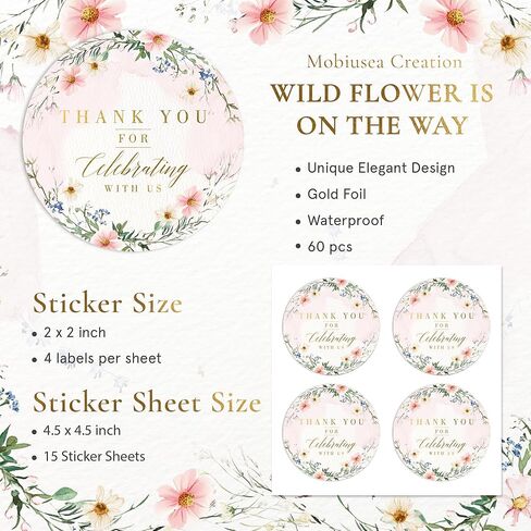 Mobiusea Creation Wild Floral Wedding Thank You Stickers | 2" Gold Foil Thank You for Celebrating With Us Labels | 60pcs Waterproof Favor Stickers for Weddings, Baby Showers, Bridal Showers, & Parties in Saudi Arabia