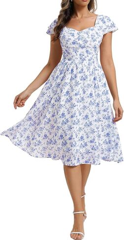 Belle Poque Women's Sweatheart Neck Ruffle Cap Sleeve Floral Dress 2026 Summer Ruched Midi Elegant Cocktail Party Dress in Saudi Arabia
