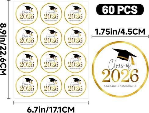 Graduation Stickers Class of 2026 Gold Foil Graduation Cap Stickers 1.75 Inch 60PCS Grad Sticker Round Congrats Graduate Labels for Envelope Seals Cards Announcements Party Favors (Gold) in Saudi Arabia