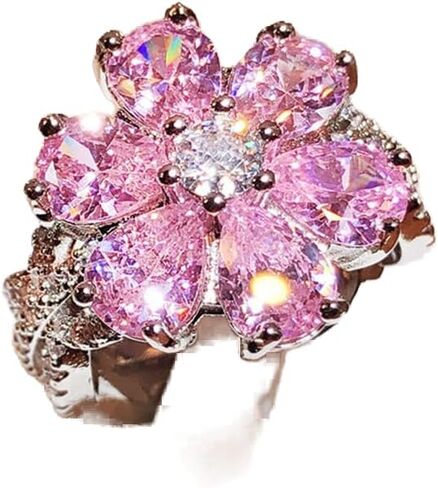 925 Sterling Silver Shiny Full Diamond Ring 18K Gold Cocktail Ring Teardrop Pink Cubic Zirconia Promise Ring CZ Diamond Multi Row Ring Eternity Engagement Wedding Band Ring for Women Z.62 (US Code 10) in Kuwait