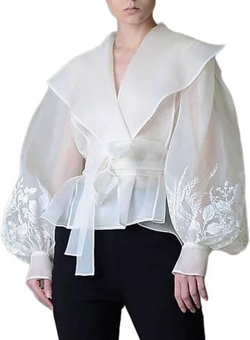 Womens Vintage Tunic Shirts Puff Sleeve Floral Print See Through Wedding Party Crop Top in Saudi Arabia
