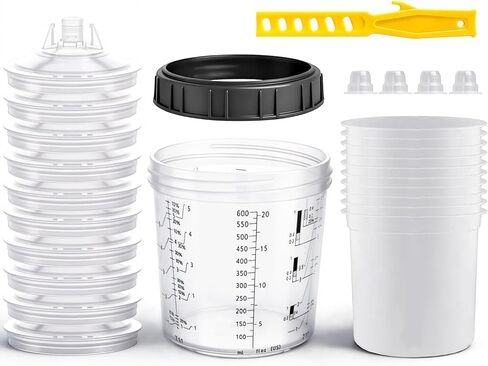Disposable Paint Sprayer Mixing Cup for Automotive Paint Gun,Compatible with Original 1.0 System(not 2.0)-10pcs 20 Ounce Kit-10 Cup Liners,10 Lids with Strainer,1 Hard Cup with Retainer Ring,4 Plugs in Kuwait