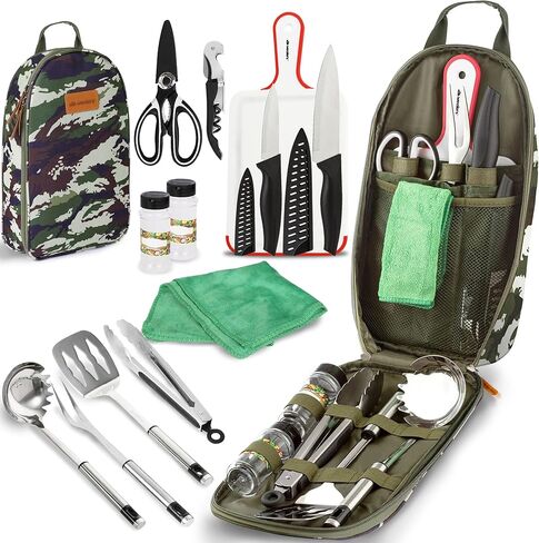12 Piece Camp Kitchen Cooking Utensil Set Travel Organizer Grill Accessories Portable Compact Gear for Backpacking BBQ Camping Hiking Travel Cookware Kit Water Resistant Case in Saudi Arabia