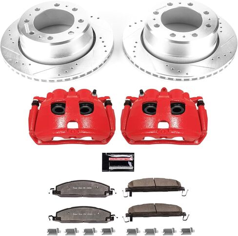 طقم الفرامل الخلفية والفرجار PowerStop لـ Ram 3500 2013-18 - دوارات قرص السحب والشاحنة المحفورة والمشقوقة مع ترقية وسادات الفرامل السيراميكية، KC7131-36 in Saudi Arabia