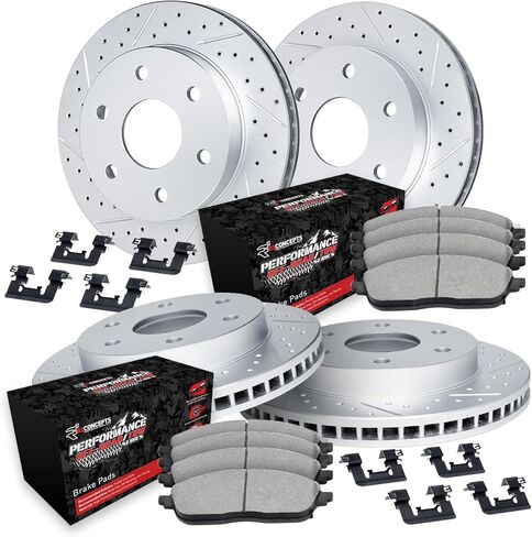 R1 Concepts Front and Rear Brake Kit For 2019-2025 Ram 1500| Drilled Slotted Brake Rotors| Off-Road/Tow Brake Pads and Rotors Kit| Hardware included in Saudi Arabia