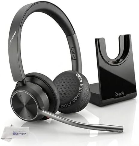 Poly Voyager 4320 UC Wireless Bluetooth Duo Headset (USB-A) Teams Version - Global Teck Bundle with Microfiber Cloth - for Deskphone, PC/Mac, Works with Zoom, RingCentral in Saudi Arabia