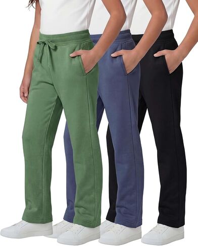 Real Essentials 3 Pack: Girls' Fleece Open Bottom Soft Athletic Performance Casual Sweatpants(Ages 7-16) in Kuwait