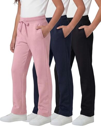 Real Essentials 3 Pack: Girls' Fleece Open Bottom Soft Athletic Performance Casual Sweatpants(Ages 7-16) in Kuwait