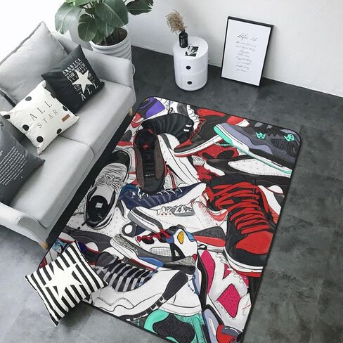 Sneakers Area Rug Cool Basketball Shoes Carpet Modern Design Popular Sport Shoes Rug Polyester Floor Mat Indoor Outdoor Decorative Rug for Living Room Playroom Bedroom Dorm Entrance 5' x 7' in Saudi Arabia