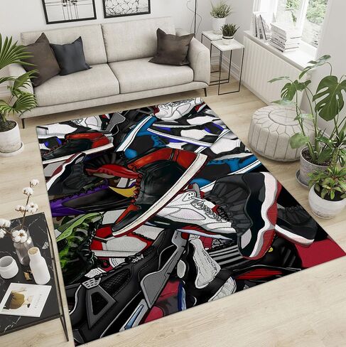 Sneakers Area Rug Cool Basketball Shoes Carpet Modern Design Popular Sport Shoes Rug Polyester Floor Mat Indoor Outdoor Decorative Rug for Living Room Playroom Bedroom Dorm Entrance 5' x 7' in Saudi Arabia