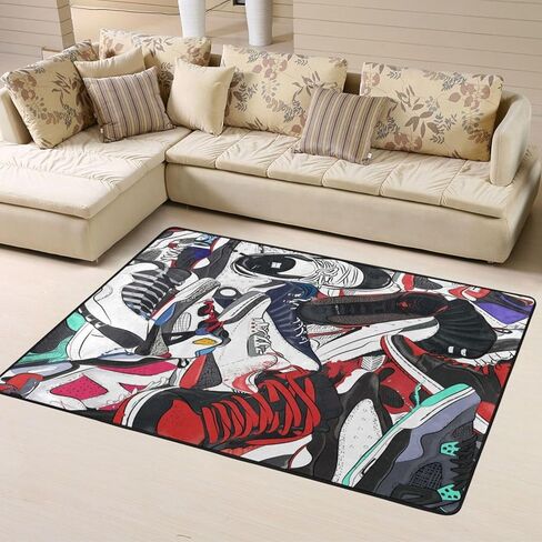 Sneakers Area Rug Cool Basketball Shoes Carpet Modern Design Popular Sport Shoes Rug Polyester Floor Mat Indoor Outdoor Decorative Rug for Living Room Playroom Bedroom Dorm Entrance 5' x 7' in Saudi Arabia