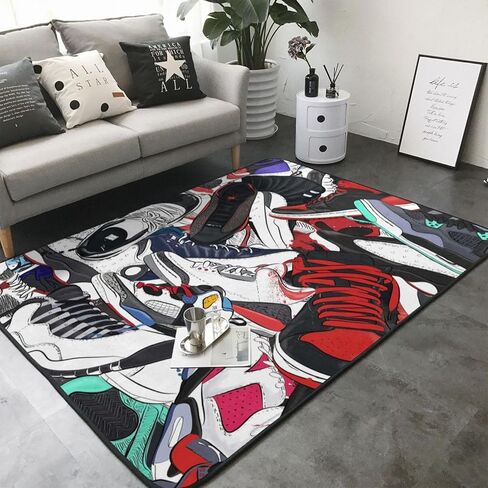 Sneakers Area Rug Cool Basketball Shoes Carpet Modern Design Popular Sport Shoes Rug Polyester Floor Mat Indoor Outdoor Decorative Rug for Living Room Playroom Bedroom Dorm Entrance 5' x 7' in Saudi Arabia