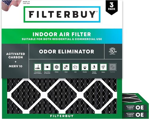 فلتر هواء Filterbuy 12x18x1 MERV 10 دفاع عن الروائح والحساسية مع الكربون المنشط (3 عبوات)، استبدال فلاتر فرن HVAC المطوي الكهروستاتيكي (الحجم الفعلي: 11.50 × 17.50 × 0.75) in Kuwait