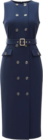 فستان Allegra K مزدوج الصدر لفساتين العمل النسائية الأنيقة بحزام بدون أكمام in Kuwait