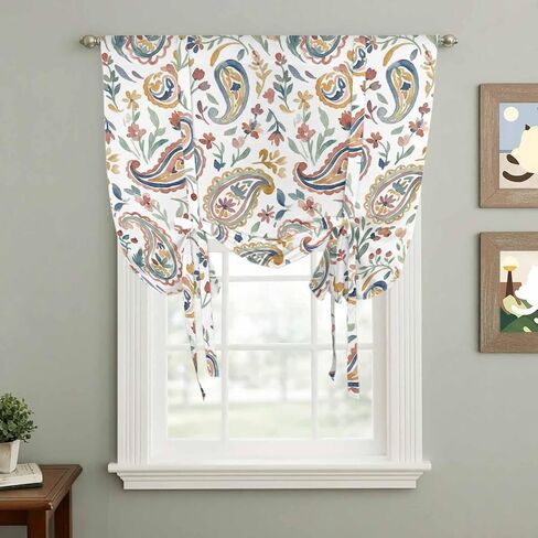 Paisley Flower Tie Up Curtains for Window, Spring Watercolor Country Floral Leaf Plant Thermal Insulated Balloon Shade Rod Pocket Curtains Valance Panels for Kitchen Bathroom Café 52'' x 63'' in Saudi Arabia