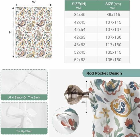 Paisley Flower Tie Up Curtains for Window, Spring Watercolor Country Floral Leaf Plant Thermal Insulated Balloon Shade Rod Pocket Curtains Valance Panels for Kitchen Bathroom Café 52'' x 63'' in Saudi Arabia