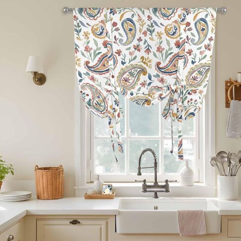 Paisley Flower Tie Up Curtains for Window, Spring Watercolor Country Floral Leaf Plant Thermal Insulated Balloon Shade Rod Pocket Curtains Valance Panels for Kitchen Bathroom Café 52'' x 63'' in Saudi Arabia