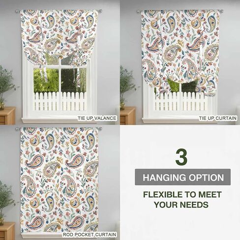 Paisley Flower Tie Up Curtains for Window, Spring Watercolor Country Floral Leaf Plant Thermal Insulated Balloon Shade Rod Pocket Curtains Valance Panels for Kitchen Bathroom Café 52'' x 63'' in Saudi Arabia