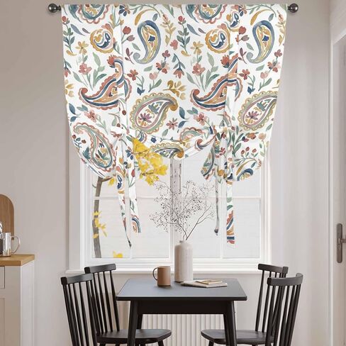 Paisley Flower Tie Up Curtains for Window, Spring Watercolor Country Floral Leaf Plant Thermal Insulated Balloon Shade Rod Pocket Curtains Valance Panels for Kitchen Bathroom Café 52'' x 63'' in Saudi Arabia