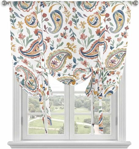 Paisley Flower Tie Up Curtains for Window, Spring Watercolor Country Floral Leaf Plant Thermal Insulated Balloon Shade Rod Pocket Curtains Valance Panels for Kitchen Bathroom Café 52'' x 63'' in Saudi Arabia