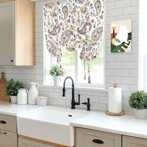 Paisley Flower Tie Up Curtains for Window, Spring Watercolor Country Floral Leaf Plant Thermal Insulated Balloon Shade Rod Pocket Curtains Valance Panels for Kitchen Bathroom Café 52'' x 63'' in Saudi Arabia