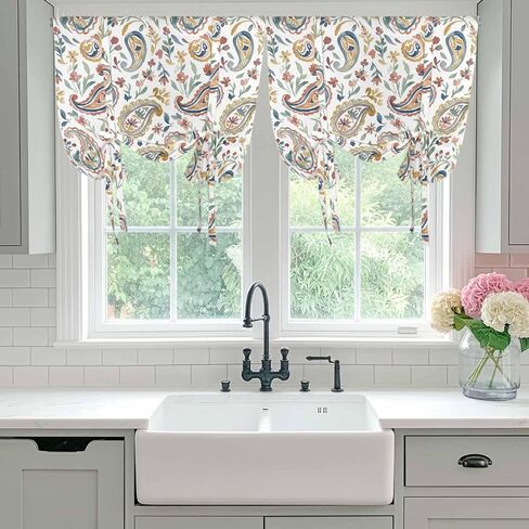 Paisley Flower Tie Up Curtains for Window, Spring Watercolor Country Floral Leaf Plant Thermal Insulated Balloon Shade Rod Pocket Curtains Valance Panels for Kitchen Bathroom Café 52'' x 63'' in Saudi Arabia