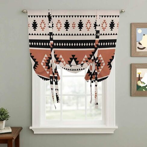 Khaki Boho Tie Up Curtains for Window, Vintage Ethnic Tribe Retro Abstract Art Thermal Insulated Balloon Shade Adjustable Rod Pocket Curtains Valance Panels for Kitchen Bathroom Café 52'' x 45'' in Saudi Arabia