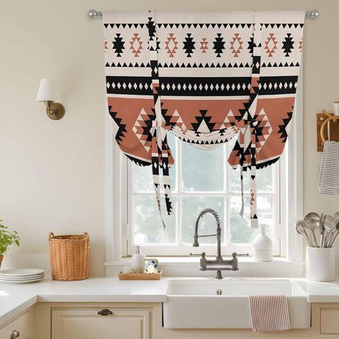 Khaki Boho Tie Up Curtains for Window, Vintage Ethnic Tribe Retro Abstract Art Thermal Insulated Balloon Shade Adjustable Rod Pocket Curtains Valance Panels for Kitchen Bathroom Café 52'' x 45'' in Saudi Arabia