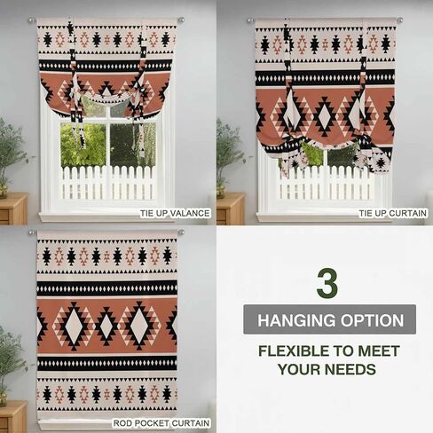 Khaki Boho Tie Up Curtains for Window, Vintage Ethnic Tribe Retro Abstract Art Thermal Insulated Balloon Shade Adjustable Rod Pocket Curtains Valance Panels for Kitchen Bathroom Café 52'' x 45'' in Saudi Arabia