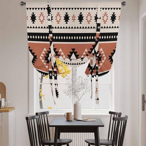 Khaki Boho Tie Up Curtains for Window, Vintage Ethnic Tribe Retro Abstract Art Thermal Insulated Balloon Shade Adjustable Rod Pocket Curtains Valance Panels for Kitchen Bathroom Café 52'' x 45'' in Saudi Arabia